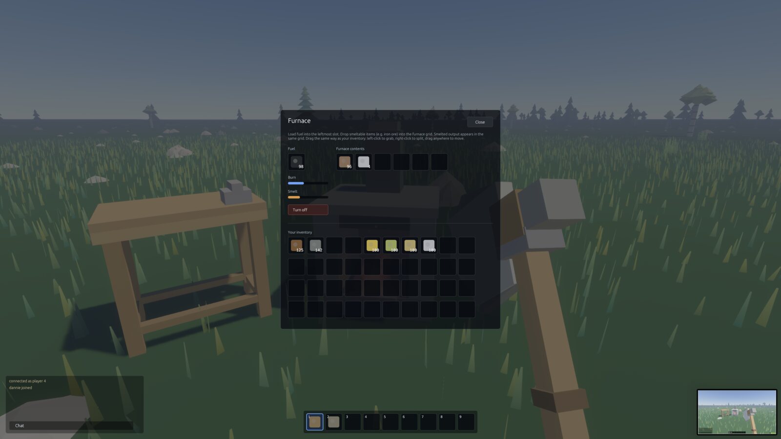 The furnace interface, smelting ore into ingots